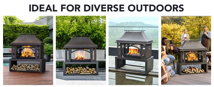 39" Fire Pits with Wood Storage for Outside, Large Wood Burning Outdoor Fireplace with Chimney, Mesh Spark Screen & Fire Poker, Idea for Backyard, Patio, Party, Camping, Picnic