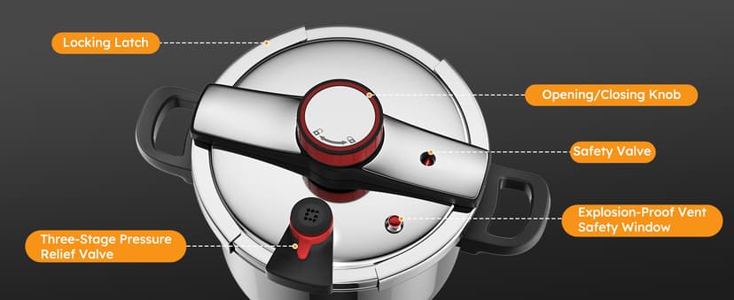 BreeRainz 8.45QT 304 Stainless Steel Pressure Cooker, 3-Stage PSI Settings, One-Hand Locking,Explosion-Proof Pot w/Extra Glass Lid, Timer, Steaming Rack(Induction Compatible)