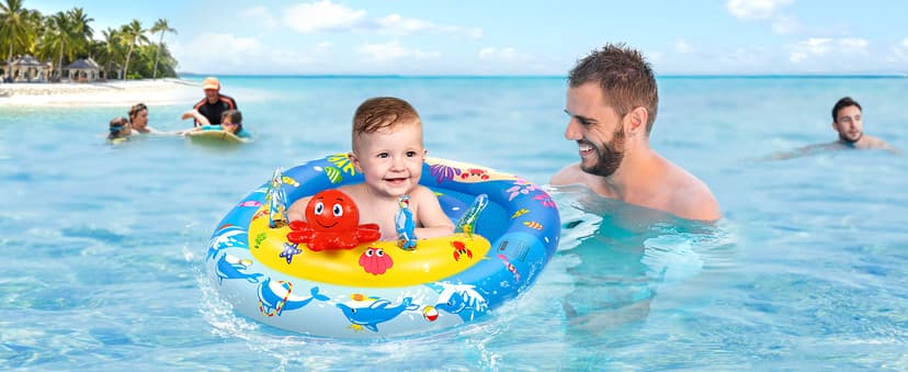 EZIGO Baby Pool Float with Canopy UPF50+ Sun Protection, Inflatable Kids Pool Floats with Ocean Animal Toys for Baby 6-36 Months, Infant Swimming Float with Adjustable Safety Seat for Boys Girls