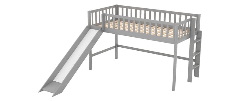 Bellemave Twin Size Loft Bed for Kids,Low Loft Bed with Slide and Ladder,Wood Loft Bed Twin for Girls Boys,Grey