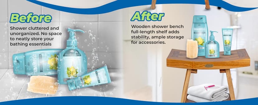 EcoDecors 18 Inch Serenity 300 Pound Capacity Waterproof Teak Wood Shower Bench Stool Seat Chair For Inside Shower Storage Shelf Provides Safety, and Storage, For Bathroom Accessories Natural Color