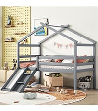 Bellemave Twin Size Loft Bed for Kids,Low Loft Bed with Slide and Ladder,Wood Loft Bed Twin for Girls Boys,Grey