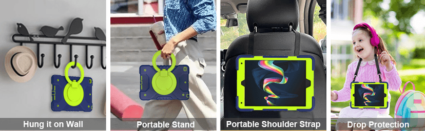 Case for iPad 9th/8th/7th Generation 10.2 inch, Heavy Duty Shockproof Cover with 360° Rotating Handle/Bracket/Pen Holder/Shoulder Strap, Kid Case for iPad 2021/2020/2019, Navy+Green