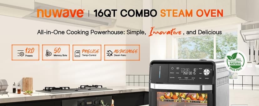 Nuwave Combi Steam Oven, 16Qt All-in-One Stainless Steel Multi-Cooker: Air Fry, Toast, Steam, Sous Vide & More, Precise 50-450°F, Adjustable Moisture, 120 Presets, Programmable Memories, Easy to Clean