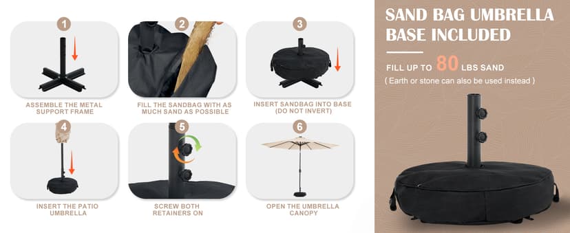 Sundale Outdoor 9FT Patio Umbrella with Sand Bag Umbrella Base, Outdoor Umbrella with Tilt and Crank, Beige