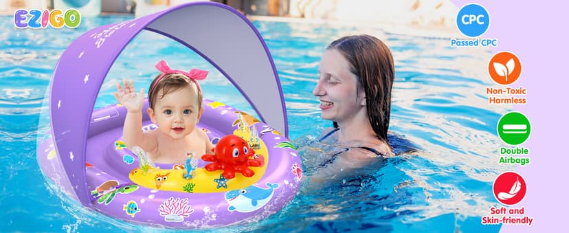 EZIGO Baby Pool Float with Canopy UPF 50+ Sun Protection, Double Air Chambers Infants Swimming Floats with Sound Toys Adjustable Safety Seat Toddler Float for Boys and Girls 6-36 Months