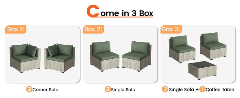 Patio Furniture Set, 7-Piece Outdoor Sectional All-Weather Wicker Patio Conversation Set for Backyard (Green Cushions with Grey Rattan)