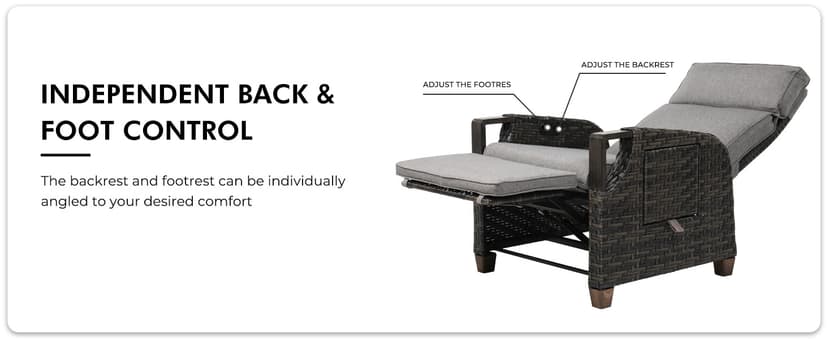 Grand patio Outdoor Recliner with Independent Adjustable Back and Footrest, Air Pump 150° Lay Flat Reclining Chair Removable Olefin Cushion Flip-Up Table Wicker Grey 1PC