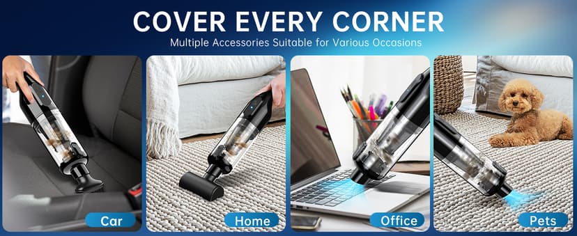 Handheld Vacuum Cordless, Car Vacuum with 16000Pa Powerful Suction, Lightweight at 1.3 lbs, Rechargeable Vacuum Cleaners for Home Office Car Pets with Brushless Motor, Multiple Accessories