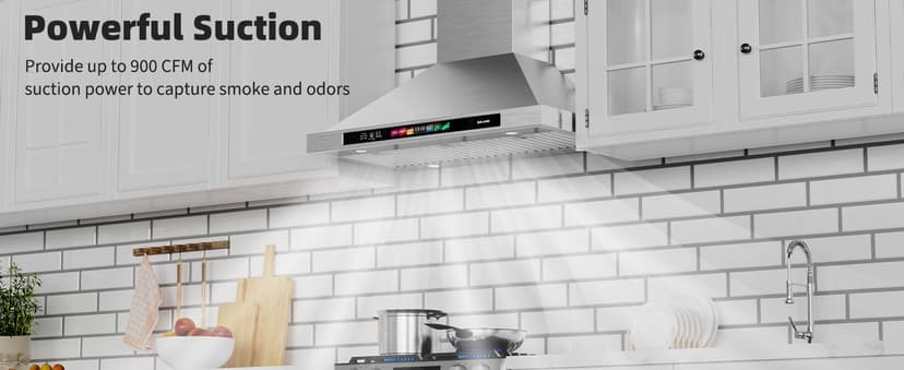 BRANO 30-inch Wall Mount Range Hood 900 CFM with Voice/Gesture/Touch Control, Stainless Steel Kitchen Hood Vent with 4 Speed Exhaust Fan, LED Adjustable Lights, Memory Mode