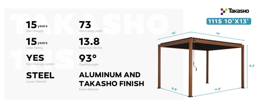 111S Takasho Louvered Pergola 10x13 Wood Grain Outdoor Aluminum Pergola with Adjustable Rainproof Roof Full Aluminum Frame Ideal for Outdoor Deck Garden Patio Durable, Cherry Oak