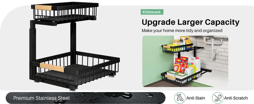 Under Sink Organizer, 2 Packs 2 Tier Under Sink Organizers and Storage, Slide Out Pull Out Cabinet Organizer Shelf, Metal Sliding Drawer for Kitchen Bathroom Pantry Cabinet Closet Organization Rack
