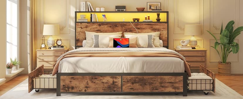 Lifezone Queen Bed Frame with 2-Tier Storage Headboard, Metal Platform Bed Frame with 4 Storage Drawers, Built in Charging Station & LED, Noise-Free/Metal Support/No Box Spring Needed, Vintage Brown