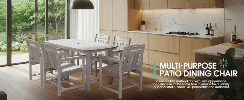 HDPE Outdoor Dining Set, 7 Piece Patio Table and Chairs Set with 2" Umbrella Hole, All Weather Patio Furniture for 6 Person in Garden, Backyard, Deck | Matte Black