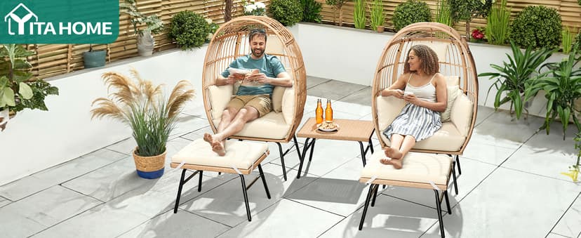 YITAHOME Accent Living Room Egg Chair w/ 2-in-1 Ottoman, Wicker Oversized Basket Chair with 5 Thick Cushions, Footrest, Comfy Recliner Lazy Chair for Indoor, Bedroom, Reading Room, Lounge (Beige)