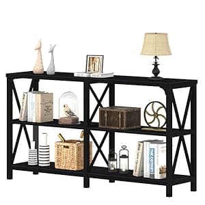 IBF Black Console Table, Modern Industrial Sofa Table with 3 Tier Storage Shelves, Farmhouse Wooden Metal Entryway Table for Living Room, Hallway, or Foyer, Black Oak, 63 Inch
