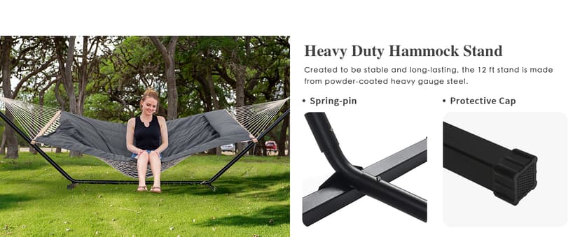 SUNCREAT Double Outdoor Hammock with Stand, Two Person Cotton Rope Hammock with Polyester Pad, Dark Gray
