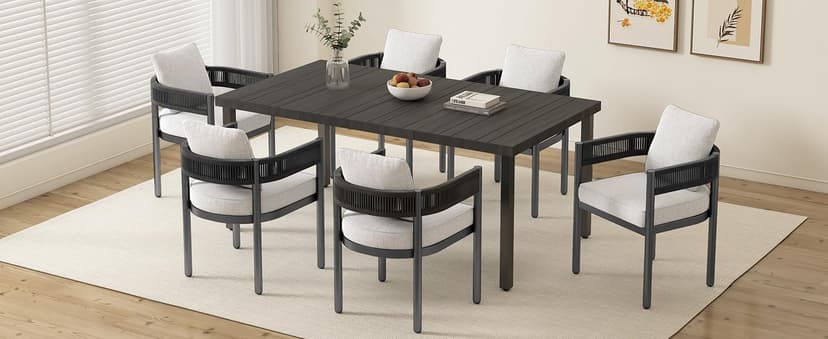 Grand patio Outdoor Dining Set for 6, 7 PCS Patio Table and Chairs Set, Metal Woven Wicker Fixed Patio Chairs with Thickened Cushions & 1 Rectangular Woodgrain Dining Table with Umbrella Hole (Black)