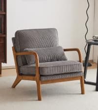 Karl home Accent Chair Mid-Century Modern Chair with Pillow Linen Fabric Upholstered Lounge Arm Chair with Solid Wood Frame & Soft Cushion for Living Room, Bedroom, Balcony, Beige