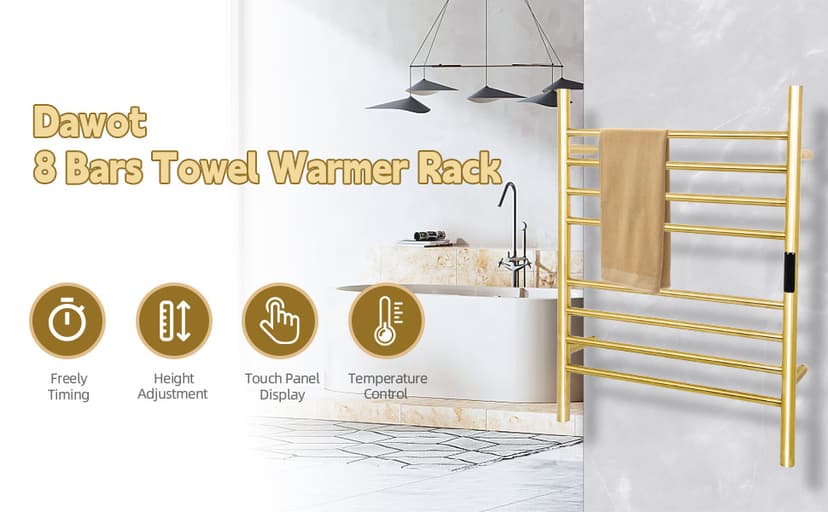 8 Bars Towel Warmer Rack, 23" Electric Wall Mounted Heated Towel Rack, Hot Towel Rails with Timer and Temperature Control for Bathroom, Brushed Gold