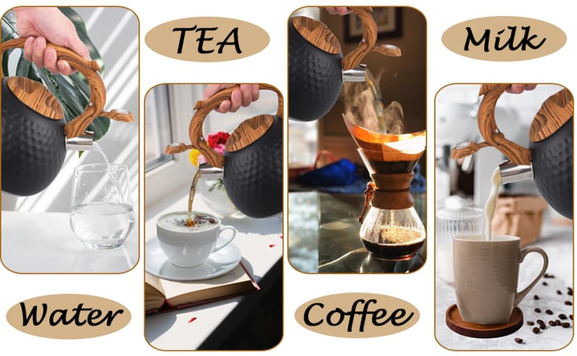 GGC Tea Kettle for Stove Top, Loud Whistling Kettle for Boiling Water Coffee or Milk, 3.1 Quart 3L Heavy Stainless Steel Black Kettle with Wood Pattern Handle, Unique Button Control Kettle Outlet