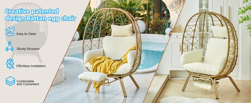 Wicker Egg Chair with Footrest & Cushions - Oversized 450lb Capacity Boho Wicker Egg Chair with Ottoman for Indoor/Outdoor - Beige Rattan Lounge Seat for Patio, Balcony, Garden, Home