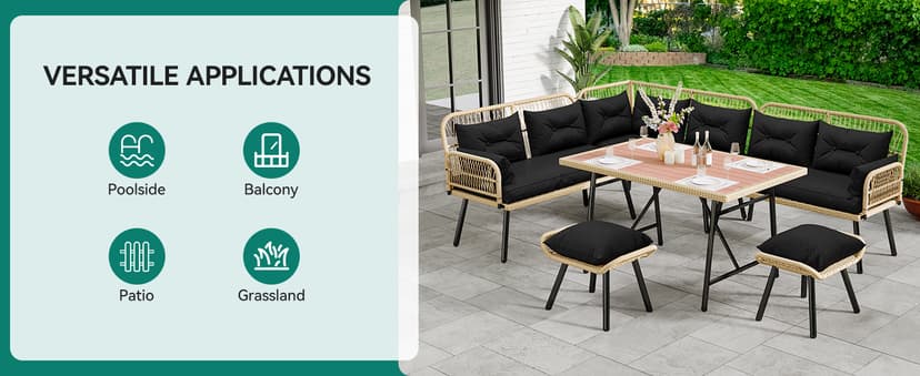 YITAHOME Patio Wicker L-Shaped Furniture Set, All-Weather Rattan Outdoor Conversation Sofa Set for Backyard Deck with Soft Cushions,Ottomans and Plastic Wood Dining Table (Light Brown+Black)