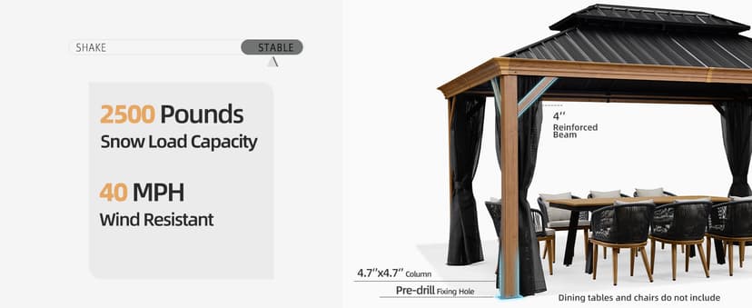 PURPLE LEAF 12' X 20' Outdoor Hardtop Gazebo for Patio Galvanized Steel Double Roof Permanent Canopy Teak Finish Coated Aluminum Frame Pavilion Gazebo with Netting and String Lights