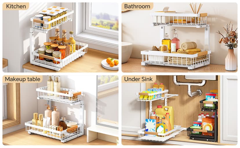 PXRACK 2 Pack Under Sink Organizer,Adjustable Height,2 Tier Pull Out Under Cabinet Organizer,Slide Out Thickened Metal Under Sink Storage for Kitchen Bathroom Laundry Cabinet Pantry,White