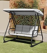 EAST OAK 3-Person Outdoor Patio Swing Chair with Adjustable Canopy, Porch Swing with Comfortable and Breathable Seats, Outdoor Swing Chairs for Garden, Balcony, Backyard, Charcoal Black