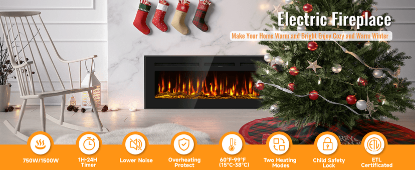 60 Inch Electric Fireplace in-Wall Recessed and Wall Mounted, Ultra-Thin Linear Fireplace Heater 750/1500W with Realistic Flame, Higher Temperatures & Lower Noise, Log Set & Crystal Options