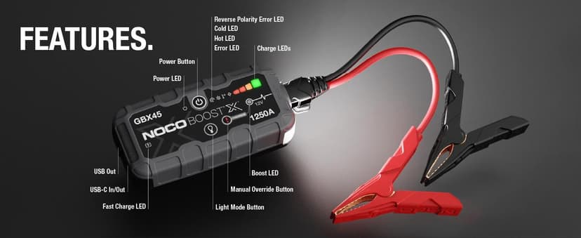 NOCO Boost X GBX45: 1250A UltraSafe Jump Starter – 12V Lithium Battery Booster Pack, Portable Jump Box, Power Bank & Jumper Cables - for 6.5L Gas and 4.0L Diesel Engines