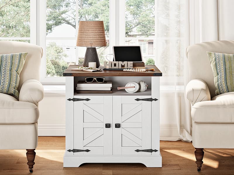 HOOBRO Farmhouse End Table with Charging Station, 23.6" Large End Tables for Living Room, Sofa Side Table with Barn Door, Wooden Square Nightstand Bedside Table, Flip Top, White and Walnut WH601UBZ01