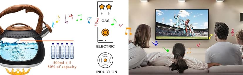 GGC Tea Kettle for Stove Top, Loud Whistling Kettle for Boiling Water Coffee or Milk, 3.1 Quart 3L Heavy Stainless Steel Black Kettle with Wood Pattern Handle, Unique Button Control Kettle Outlet