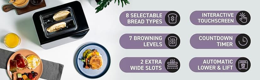 Inspirex Touch Screen Display Smart Toaster, 2 Slice with 8 Bread Type and 7 Browning Modes, Automatic Lowering and Raising, Digital Countdown, Modern Style, Stainless Steel