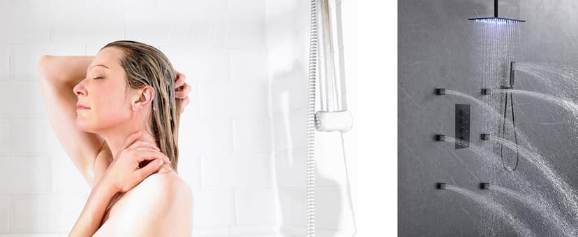 HOMEDEC Luxury Full Body Shower Jets System, 15x28inch Rain Shower Faucet Set Combo with 4pcs Adjustable Large Body Jet with Handheld Spray (Matte Black, 3 Functions Shower Head)