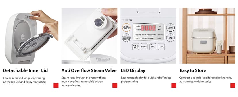 TOSHIBA Mini Rice Cooker, 3 Cups Uncooked Small Rice Cooker, Steamer & Warmer, With Fuzzy Logic And One-Touch Cooking, 24 Hour Delay Timer And Auto Keep Warm Feature, White