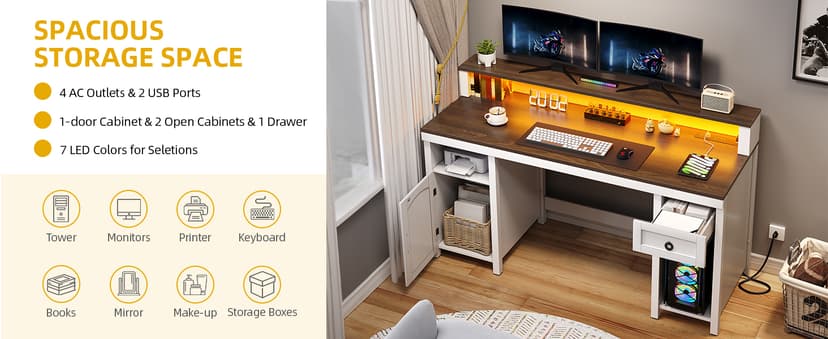 DWVO Farmhouse Office Desk with Drawer & Power Outlets, Wood Computer Desk w/LED Strip & Monitor Stand for Bedchamber Study, Home Office Table with Storage Cabinet for Working Writing Gaming (White)