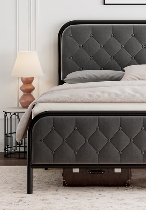 Feonase Full Size Metal Bed Frame, Heavy-Duty Platform Bed Frame with Linen Upholstered Headboard, 12" Storage Space, Steel Slats Support, No Box Spring Needed, Gray