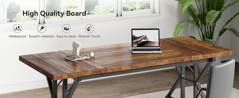 LITTLE TREE 70.8-Inch Office Desk, Wooden Executive Office Desk, Modern Work Desk, Large Farmhouse Writing Table Computer Desk for Home, Brown-Black