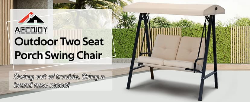 AECOJOY Outdoor Patio Swing Chair for Adults, 2-Seat Porch Swings with Adjustable Canopy, Outside Swing Bench with Removable Cushion, Suitable for Backyard, Garden, Yard, Poolside, Balcony (Beige)