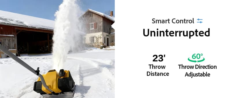 12-Inch Cordless Brushless Snow Shovel Compatible with DeWalt 20V/60V Battery(Tool Only) Electric Snow Blower with 23ft Throwing Distance, Adjustable Chute, Smart Control, LED Light for Driveway