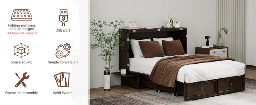 Murphy Bed Cabinet Full with Tri-Folding Mattress, Solid Wood Murphy Bed with 2 USB & 2 Charging Ports, Large Storage Drawer for Home Office or Small Space, Ebony Wood Color