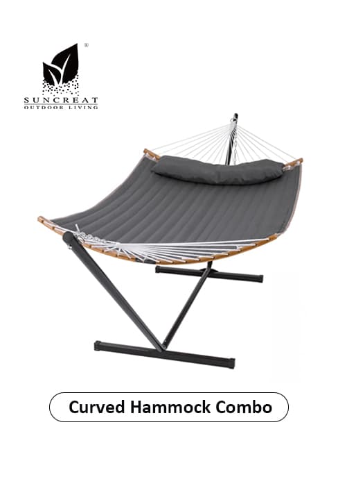 SUNCREAT Double Outdoor Hammock with Stand, Two Person Cotton Rope Hammock with Polyester Pad, Dark Gray