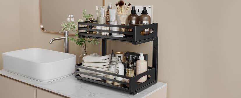 Under Sink Organizer, Pull Out Cabinet Organizers, Slide Sink Steel Shelf Cabinet Storage Shelves, Under Sink Storage for Kitchen Bathroom Cabinet (Black, 2 Pack)