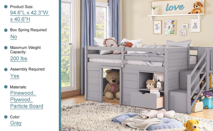Okak Twin Size Low Loft Bed with Playhouse Loft Bed Frame with Drawer, Shelf,Stairs and Safety Guardrail for Teens, Girls or Boys Loft, Strong Wood Slats Support,Gray