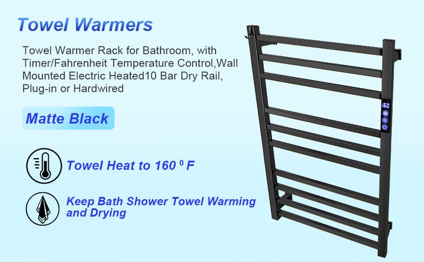 Black Towel Warmer Rack for Bathroom with Timer/Fahrenheit Display Electric Heated 10 Bars Drying Rail Plug-in or Hardwired Wall Mounted Heating Bath Towel Warming(Matte Black)