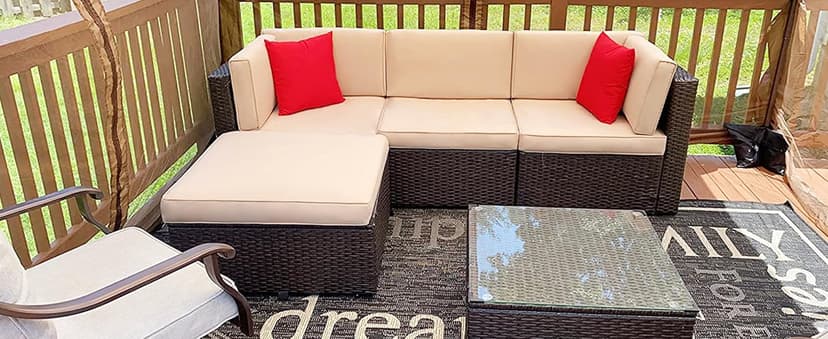 Vongrasig 5 Piece Patio Furniture Sets, All-Weather Brown PE Wicker Outdoor Couch Sectional Set, Small Conversation Set for Garden/Patio w/Ottoman, Glass Table, Red Pillow, Beige