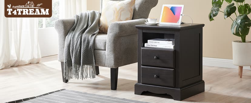 T4TREAM Nightstand with Charging Station, 18 Inch Vintage End Table with 2 Drawers for Living Room, Wood Rustic Sofa Side Table with Open Storage Shelf for Bedroom, Espresso