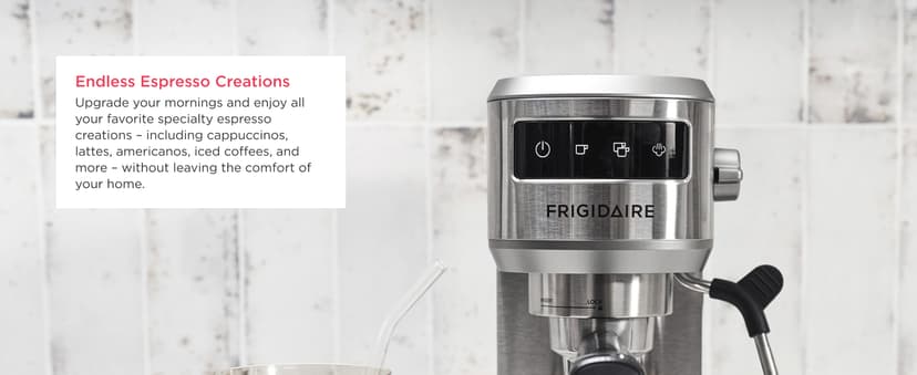 Frigidaire Steam Espresso Maker, Coffee Machine with Milk Frother & Cup Warmer, 20 Bar Pressure, 34 oz Removable Water Tank, Single or Double Shot, Stainless Steel